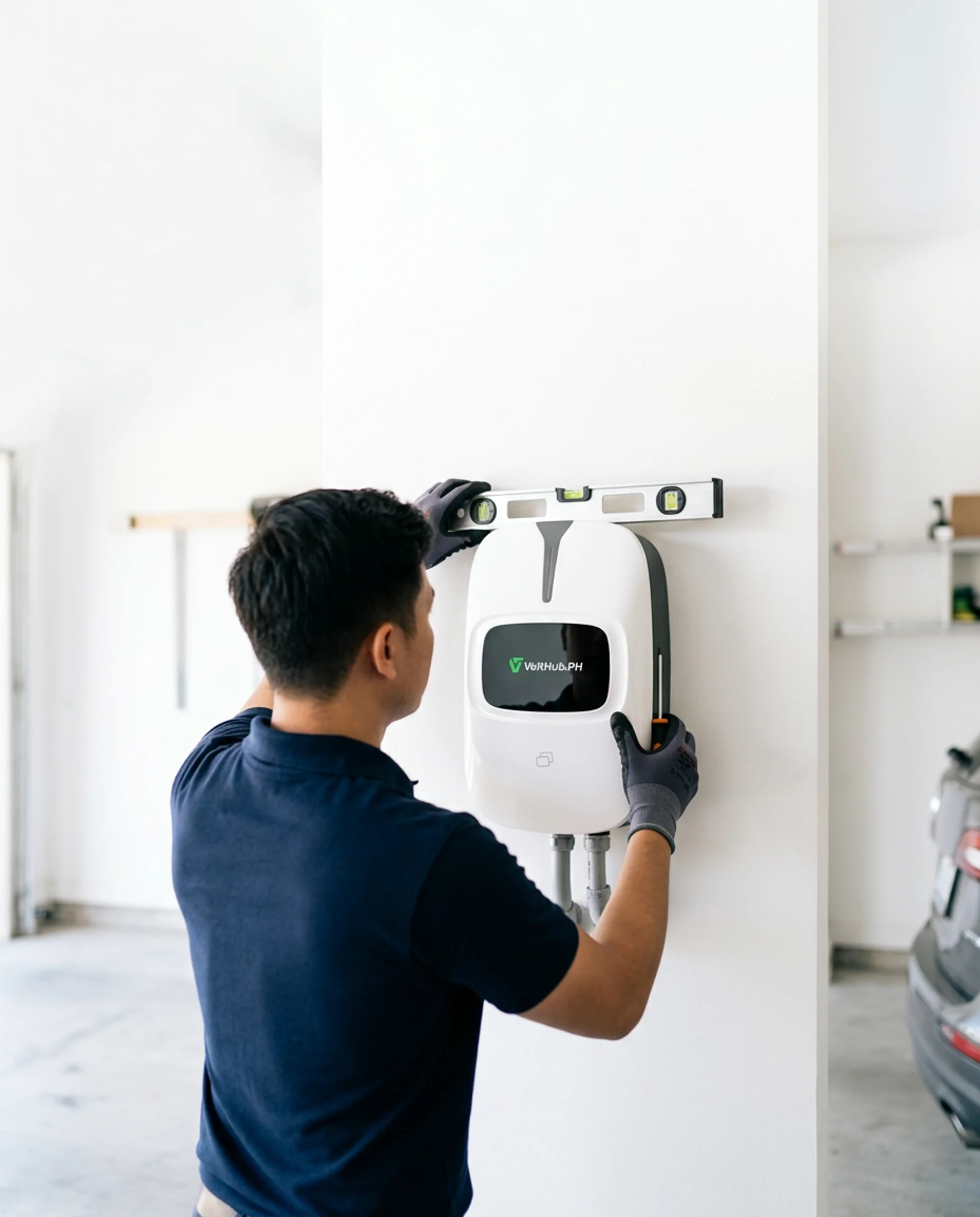 VoltHub electrician installing a home EV charger on a garage wall